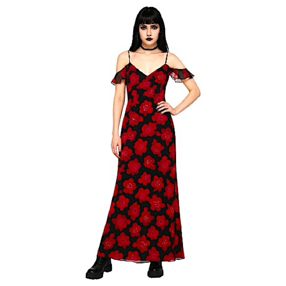 Vintage 90s Y2K Silk‎ Beaded Sequin Black Red Roses Formal Maxi Dress Size 10
